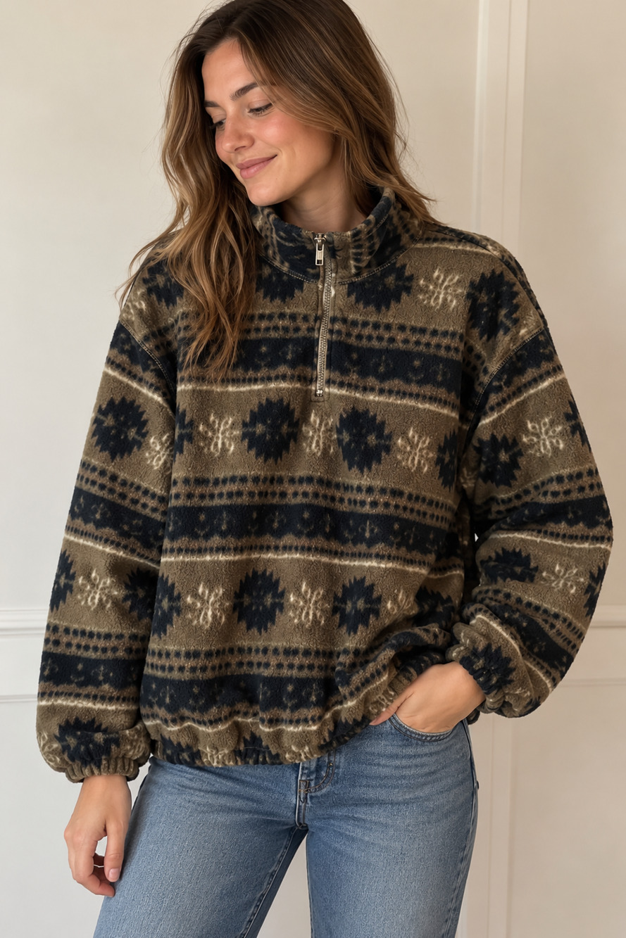 Bugle Boy For Her Vintage 90s Aztec Fleece 1/4 Zip Pullover Womens S Olive Green